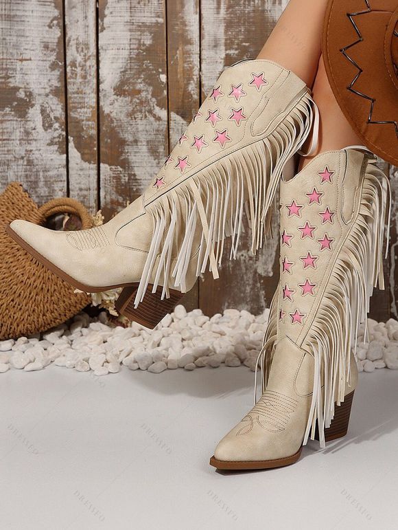 Tassel Boots Star Print Pointed Toe Chunky Heels Boots - Blanc de Crème EU 43