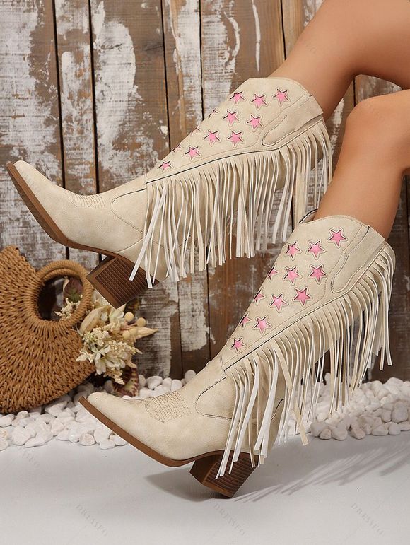 Tassel Boots Star Print Pointed Toe Chunky Heels Boots - Blanc de Crème EU 43