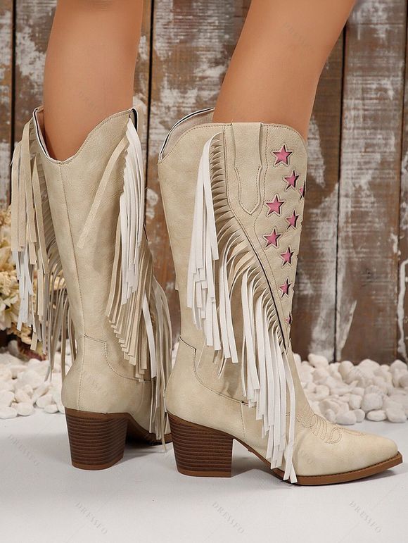 Tassel Boots Star Print Pointed Toe Chunky Heels Boots - Blanc de Crème EU 43