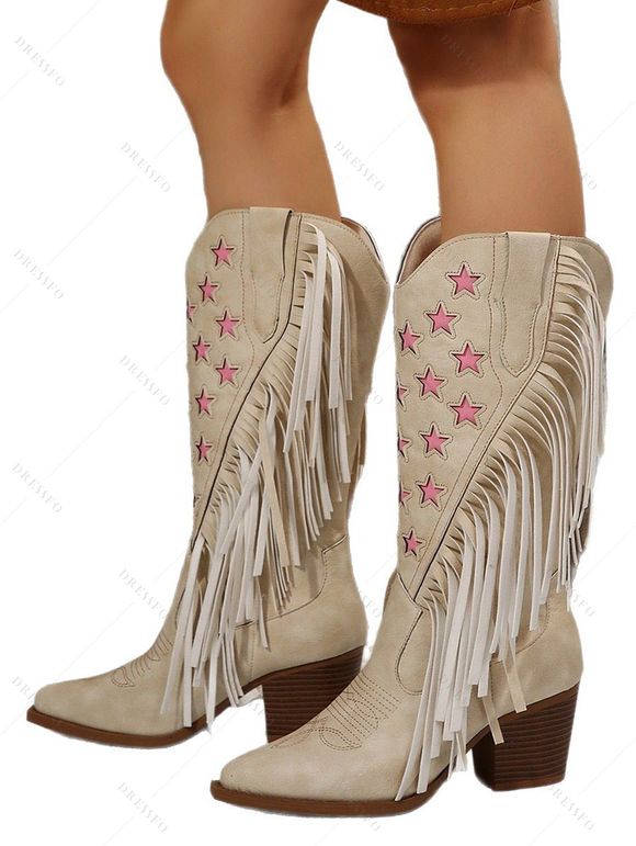 Tassel Boots Star Print Pointed Toe Chunky Heels Boots - Blanc de Crème EU 43