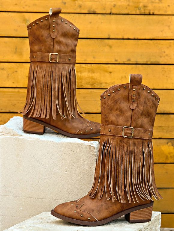 Solid Color Boots Tassel Rivet Pointed Toe Side Zipper Boots - Brun EU 36