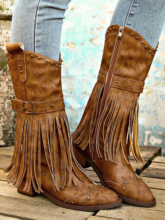 Solid Color Boots Tassel Rivet Pointed Toe Side Zipper Boots - Brun EU 36
