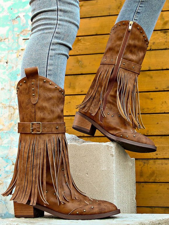 Solid Color Boots Tassel Rivet Pointed Toe Side Zipper Boots - Brun EU 36