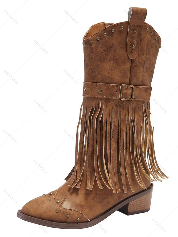 Solid Color Boots Tassel Rivet Pointed Toe Side Zipper Boots - Brun EU 36