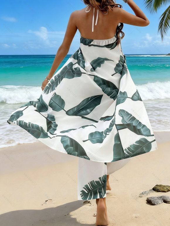 Ensemble de vacances imprimé tropical composé d'un haut dos nu à fente extra-longue et d'un pantalon droit - Vert clair XL | US 10