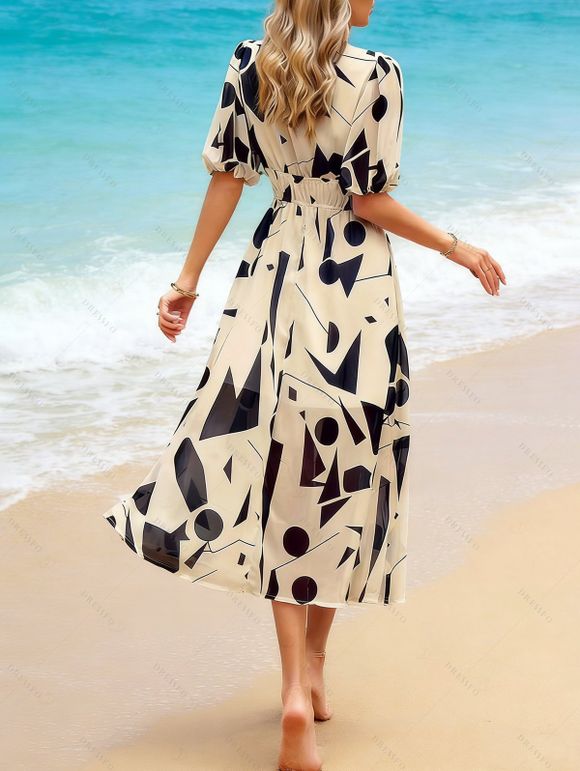 Robe de vacances à imprimé géométrique, décolleté plongeant et manches bouffantes, robe midi - café lumière XXL | US 12