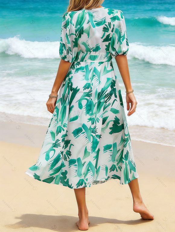 Robe de vacances imprimée à décolleté plongeant et manches bouffantes, robe midi - Vert XXL | US 12