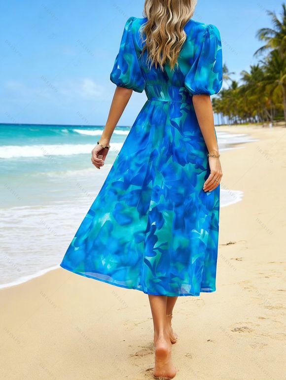 Robe de vacances imprimée à décolleté plongeant et manches bouffantes, robe midi - Bleu XL | US 10