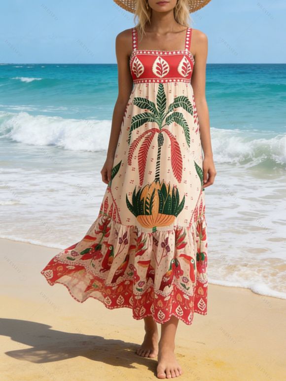 Robe de vacances bohème à imprimé feuilles de cocotier - Rouge Rose XXL | US 12