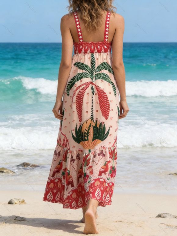 Robe de vacances bohème à imprimé feuilles de cocotier - Rouge Rose XXL | US 12