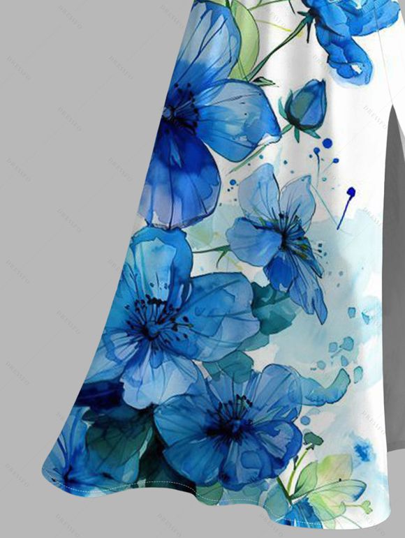 Robe de vacances style éclaboussures d'encre, imprimé floral et feuilles, dentelle ajourée et fendue - Bleu XXXL | US 16