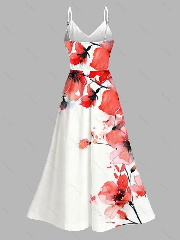 Robe de vacances imprimée de fleurs aquarelle, robe fendue et ajourée - Blanc XXXXXL | US 20