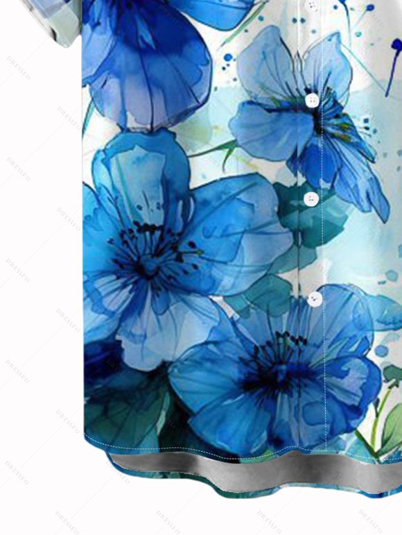 Chemise de vacances pour homme, imprimé floral et feuilles style éclaboussures d'encre, chemise boutonnée - Bleu clair 5XL