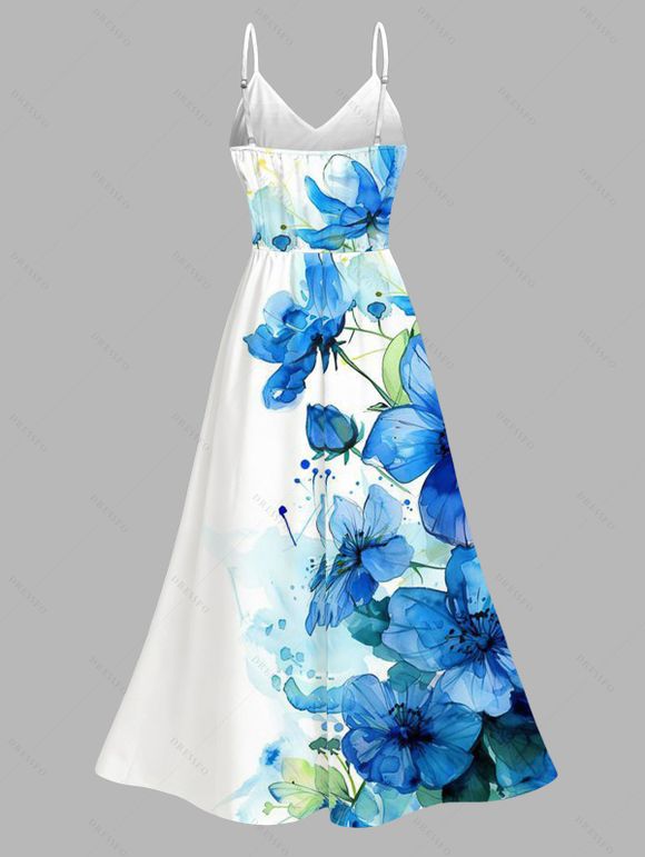 Vacation Couple Outfit Ink-splash Style Floral Leaf Print Lace Hollow Out Slit Dress and Shirt Set - Bleu S | US 4