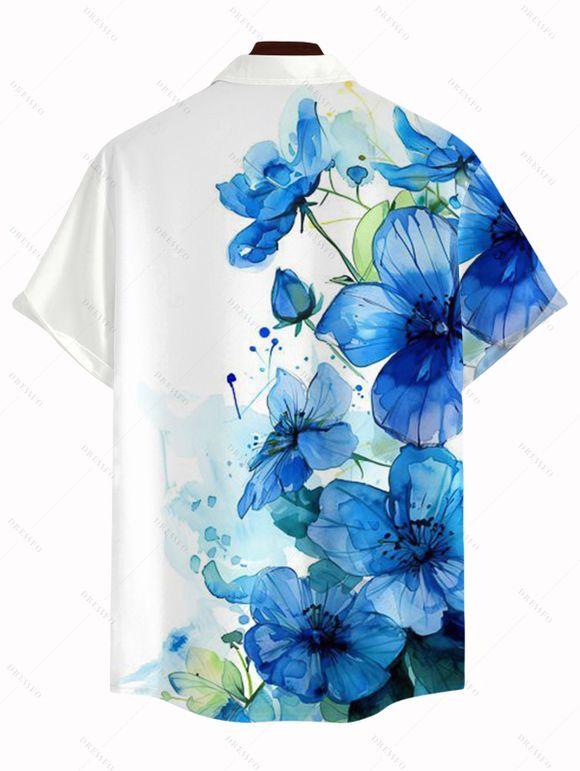 Vacation Couple Outfit Ink-splash Style Floral Leaf Print Lace Hollow Out Slit Dress and Shirt Set - Bleu S | US 4