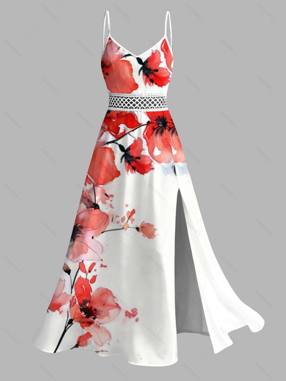 Vacation Couple Outfit Watercolor Flower Print Hollow Out Slit Dress and Shirt Set - Blanc S | US 4