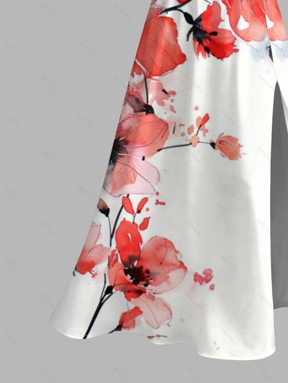 Vacation Couple Outfit Watercolor Flower Print Hollow Out Slit Dress and Shirt Set - Blanc S | US 4
