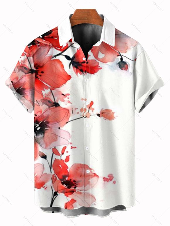 Vacation Couple Outfit Watercolor Flower Print Hollow Out Slit Dress and Shirt Set - Blanc S | US 4