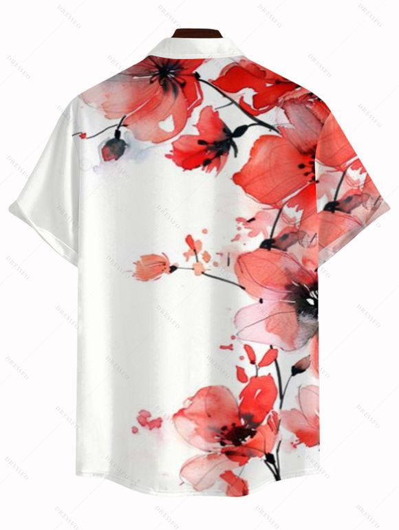 Vacation Couple Outfit Watercolor Flower Print Hollow Out Slit Dress and Shirt Set - Blanc S | US 4