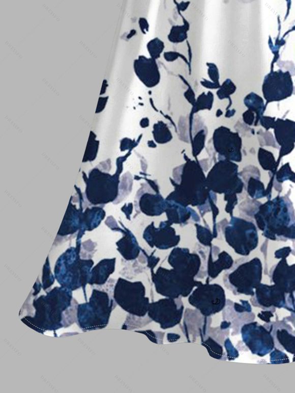 Robe de vacances en dentelle ajourée fendue, imprimé floral abstrait - Bleu Marine XXXXXL | US 20