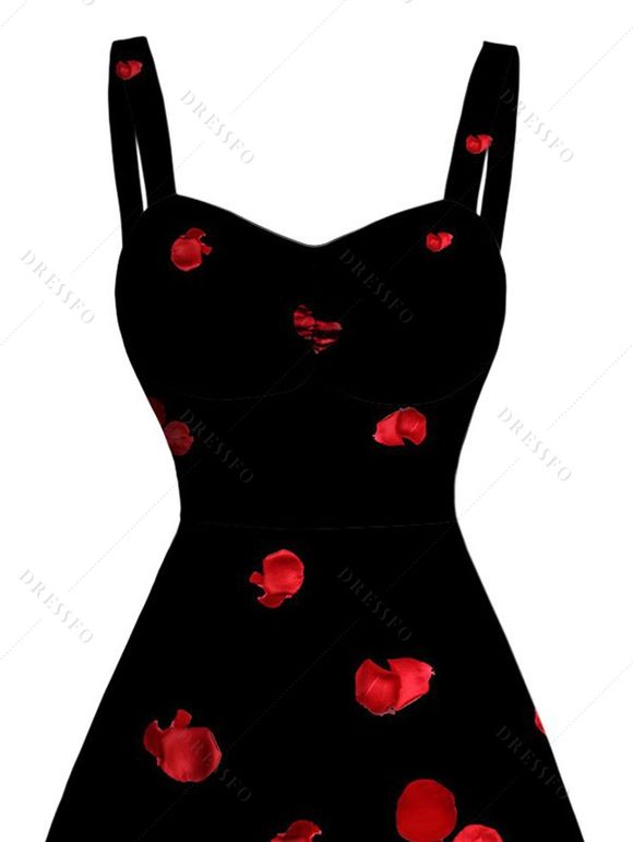 Robe de vacances imprimée pétales de rose, buste froncé - Noir XXXL | US 16