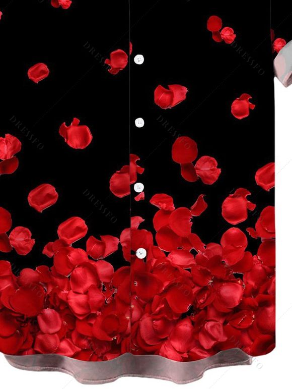 Chemise de vacances pour homme, chemise boutonnée à imprimé pétales de rose - Noir 5XL