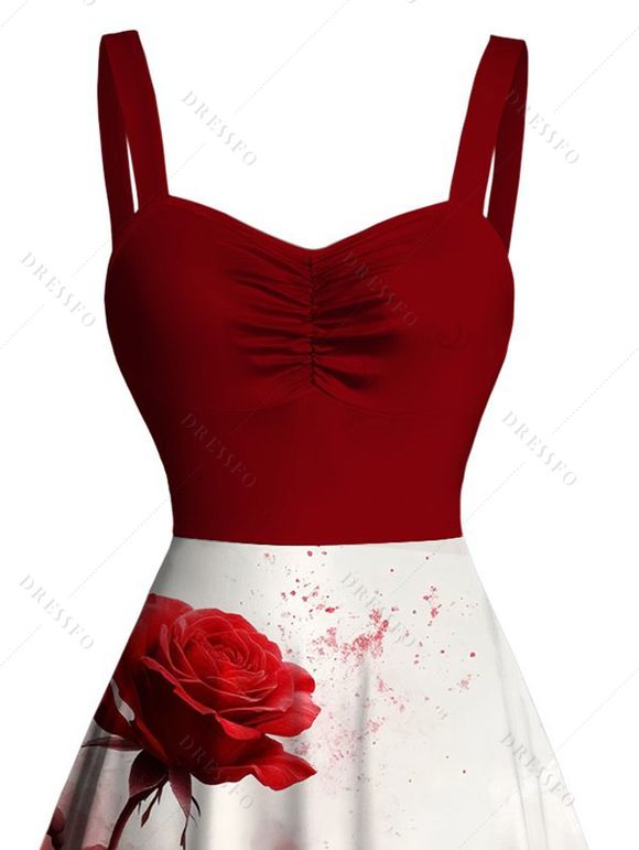 Robe de vacances à imprimé rose et buste froncé colorblock - Rouge Vineux M | US 6