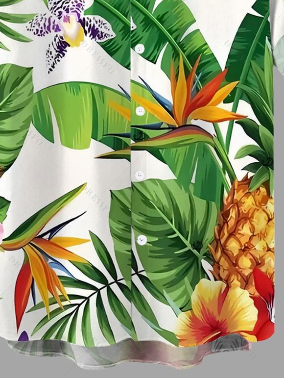 Chemise de vacances pour homme, imprimé feuilles tropicales, fleurs et ananas, à boutons - Vert 5XL