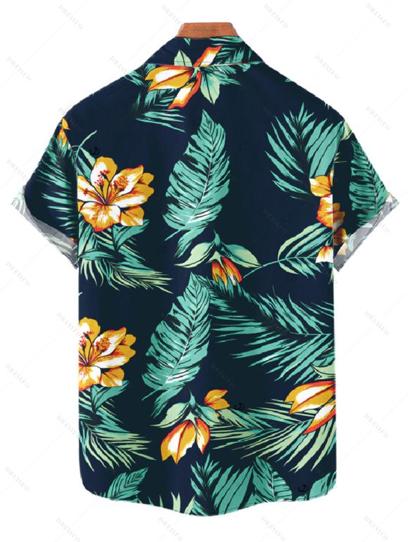 Chemise à boutons pour homme, motif fleurs et feuilles tropicales, idéale pour les vacances - Turquoise Foncée XL