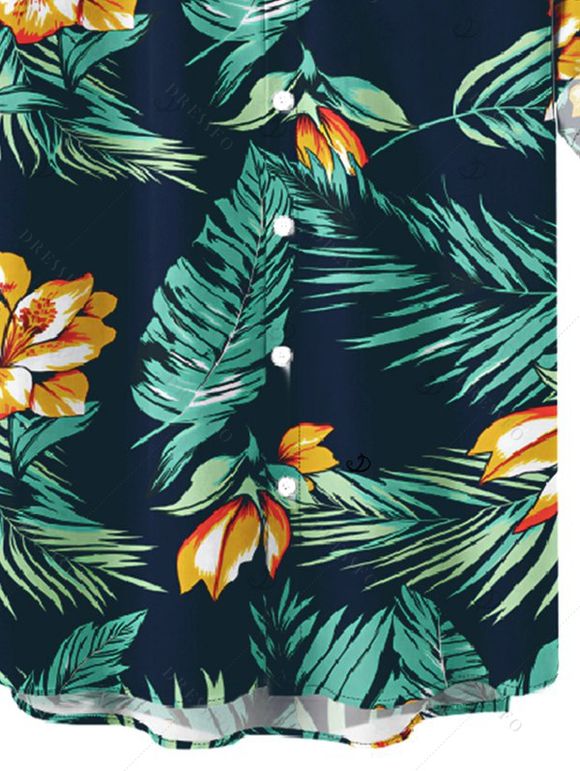 Chemise à boutons pour homme, motif fleurs et feuilles tropicales, idéale pour les vacances - Turquoise Foncée XL