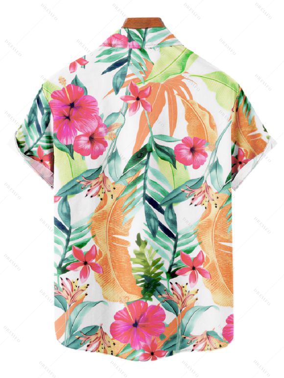 Chemise de vacances pour homme à imprimé floral tropical et feuilles, boutonnée - Orange XL