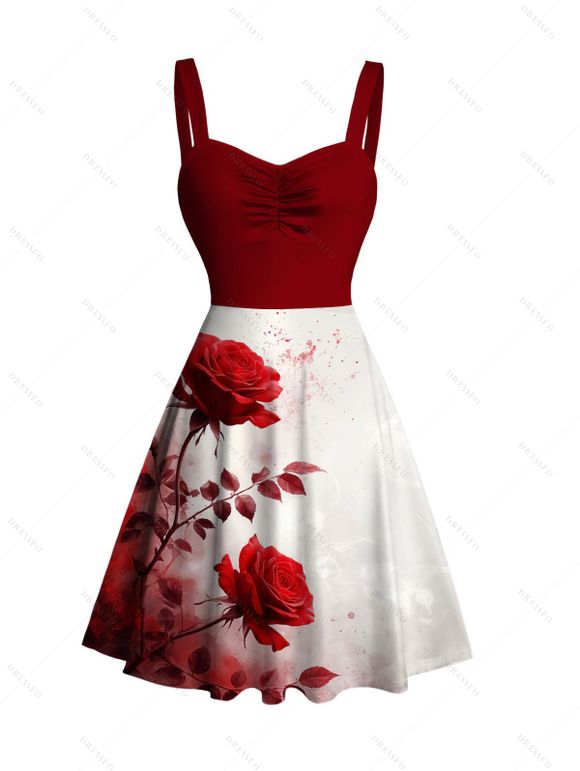 Vacation Couple Outfit Rose Print Colorblock Ruched Bust Dress and Shirt Set - Rouge Vineux S | US 4