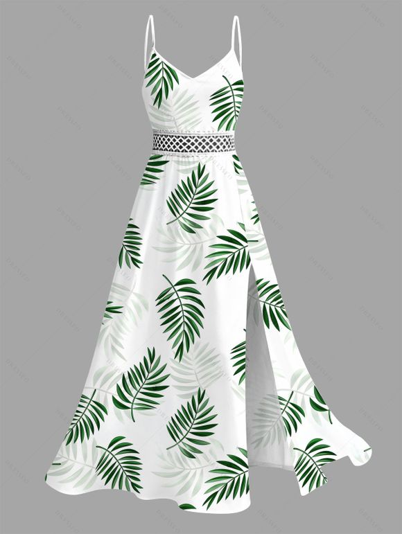 Vacation Couple Outfit Tropical Leaf Print Lace Hollow Out Slit Dress and Shirt Set - PLANT GREEN S | US 4