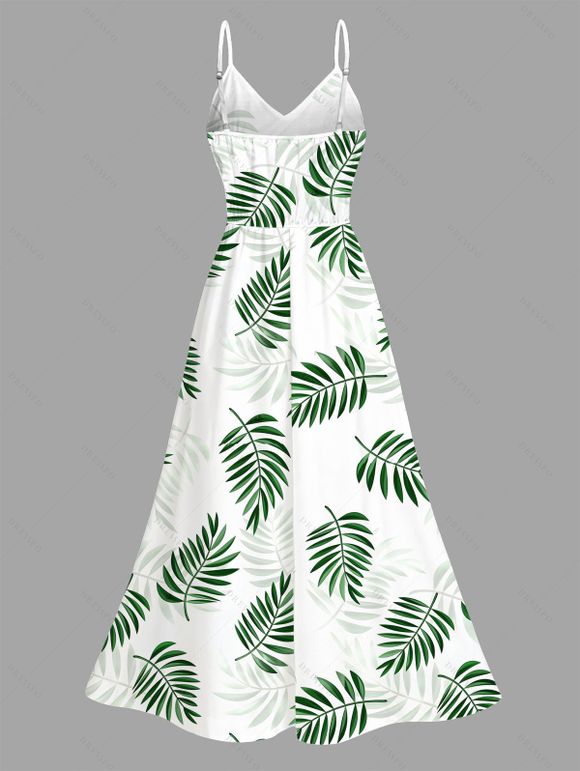Vacation Couple Outfit Tropical Leaf Print Lace Hollow Out Slit Dress and Shirt Set - PLANT GREEN S | US 4