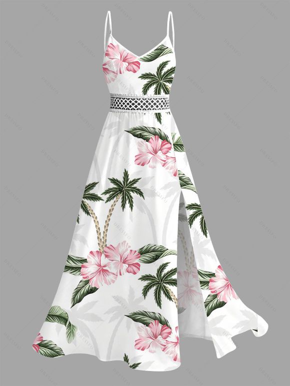 Vacation Couple Outfit Coconut Tree Flower Print Lace Hollow Out Slit Dress and Shirt Set - Rose S | US 4