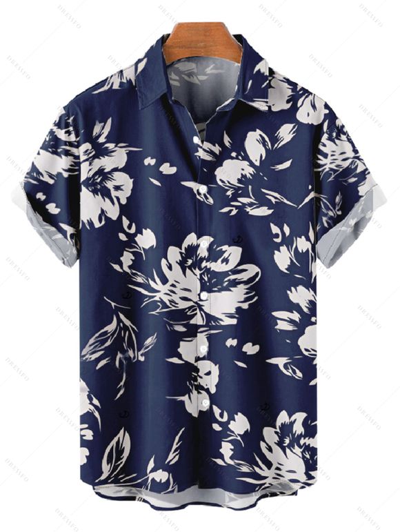 Vacation Couple Outfit Abstract Flower Leaf Print Off the Shoulder Romper and Shirt Set - Bleu profond S | US 4
