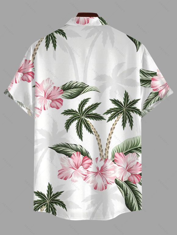 Vacation Couple Outfit Coconut Tree Flower Print Lace Hollow Out Slit Dress and Shirt Set - Rose S | US 4