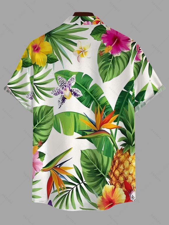 Vacation Couple Outfit Tropical Leaf Flower Pineapple Print Hollow Out Slit Dress and Shirt Set - Vert S | US 4