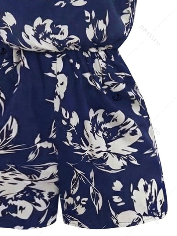 Combinaison de vacances à imprimé floral abstrait et feuilles, épaules dénudées - Bleu profond S | US 4