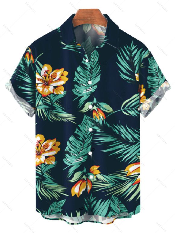 Vacation Couple Outfit Tropical Leaf Flower Print Off the Shoulder Romper and Shirt Set - Turquoise Foncée S | US 4