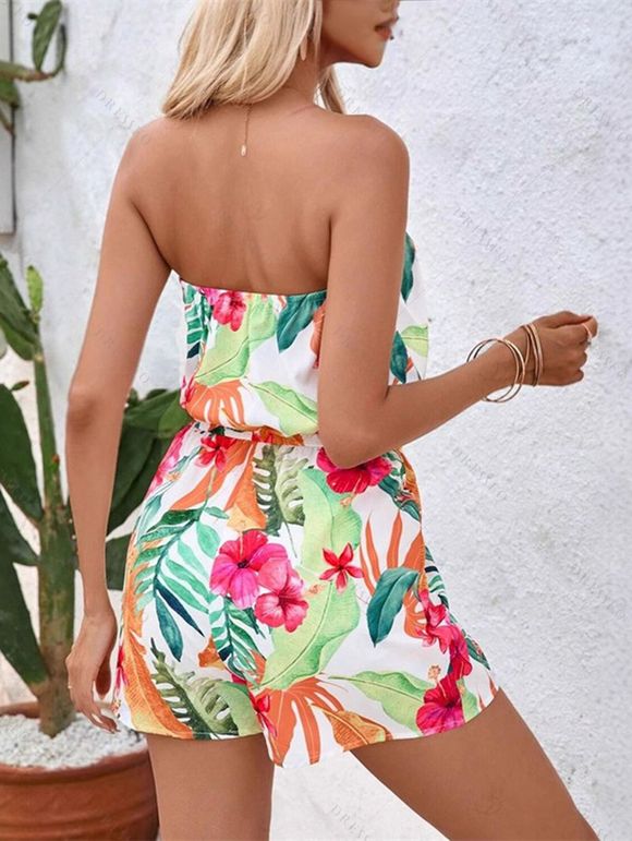 Vacation Couple Outfit Flower Tropical Leaf Print Off the Shoulder Romper and Shirt Set - Orange S | US 4