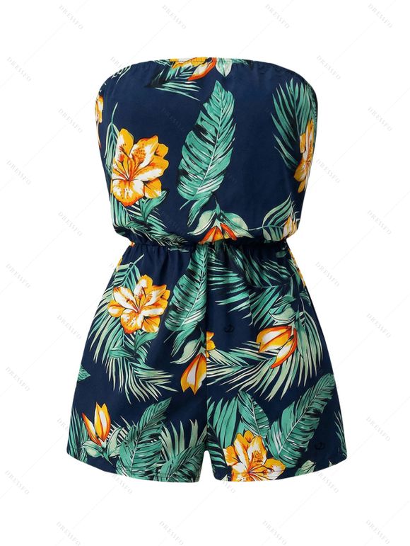 Vacation Couple Outfit Tropical Leaf Flower Print Off the Shoulder Romper and Shirt Set - Turquoise Foncée S | US 4