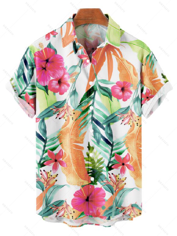 Vacation Couple Outfit Flower Tropical Leaf Print Off the Shoulder Romper and Shirt Set - Orange S | US 4