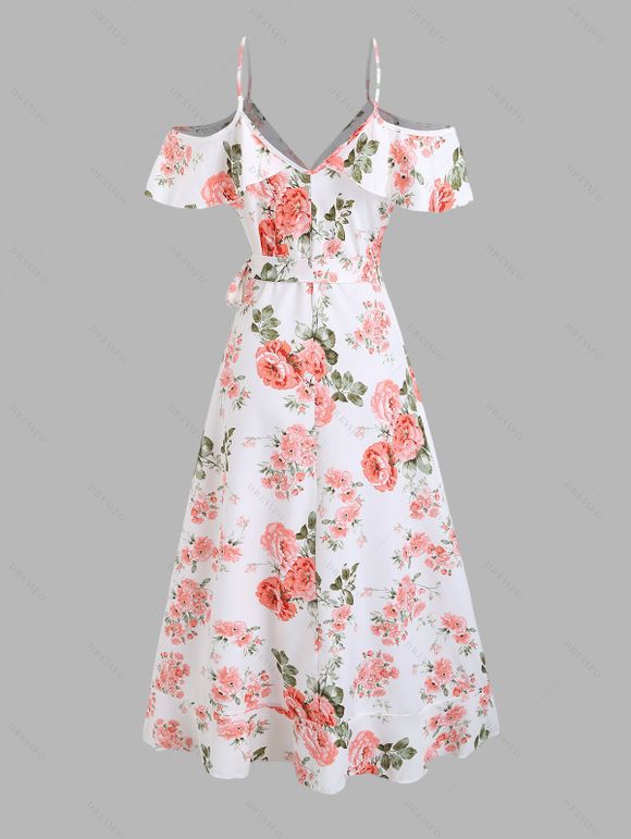 Robe portefeuille de vacances à imprimé floral et feuilles, à volants et nœud papillon, épaules dénudées - Blanc M | US 6