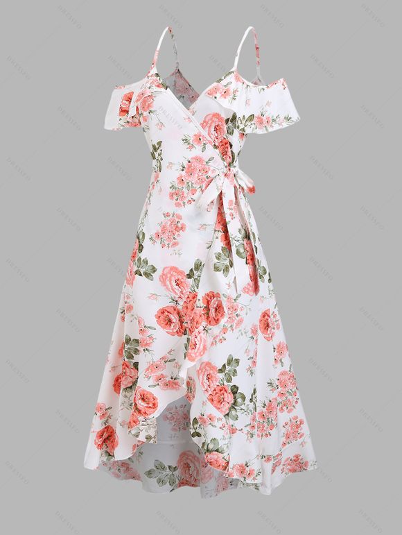 Couple Outfit Floral Leaf Print Ruffle Bowknot Wrap Dress and Earrings Sandals Set - WHITE S | US 4