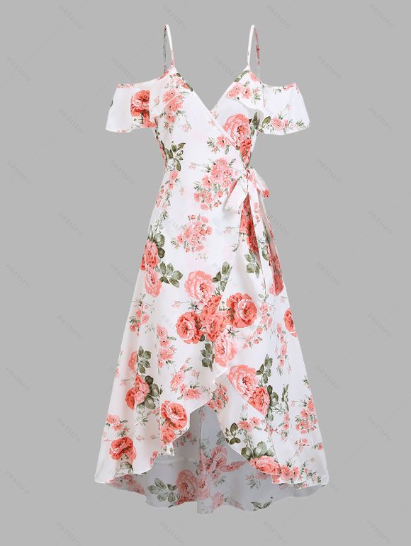 Couple Outfit Floral Leaf Print Ruffle Bowknot Wrap Dress and Earrings Sandals Set - WHITE S | US 4