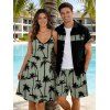 Vacation Style Palm Tree Printed Strapless Dress with Mens Short Sleeve Shirt and Mens Beach Pants Three Piece Set