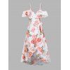 Vacation Wrap Dress Floral Leaf Print Ruffle Bowknot Cold Shoulder Dress - WHITE L | US 8-10