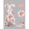 Couple Outfit Floral Leaf Print Ruffle Bowknot Wrap Dress and Earrings Sandals Set - Blanc S | US 4