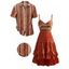 Bohemian Couple Outfit Zig Zag Ethnic Print Layered Dress and Shirt Set - ORANGE S | US 4